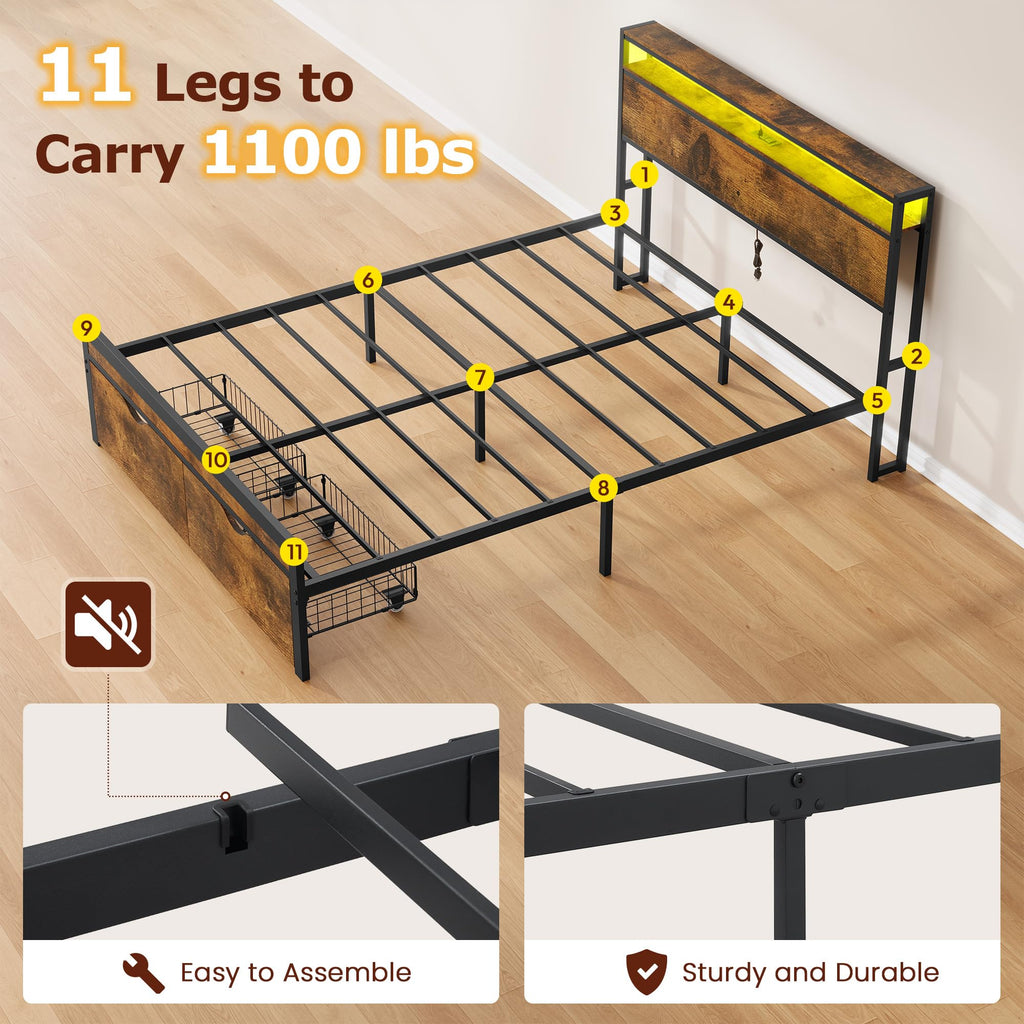 Full Size Metal Platform Bed Frame with 2 Storage Drawers H2785