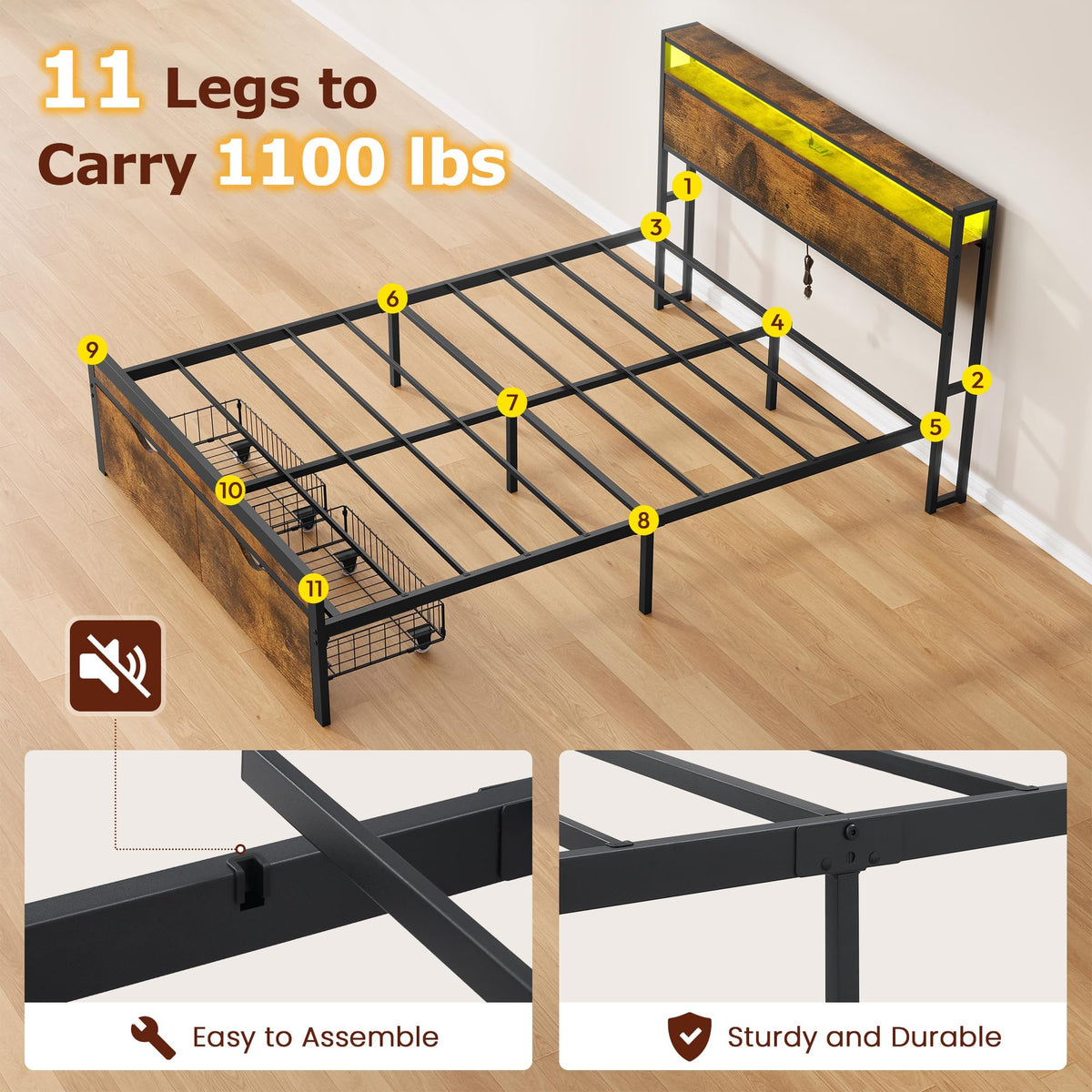 Full Size Metal Platform Bed Frame with 2 Storage Drawers H2785