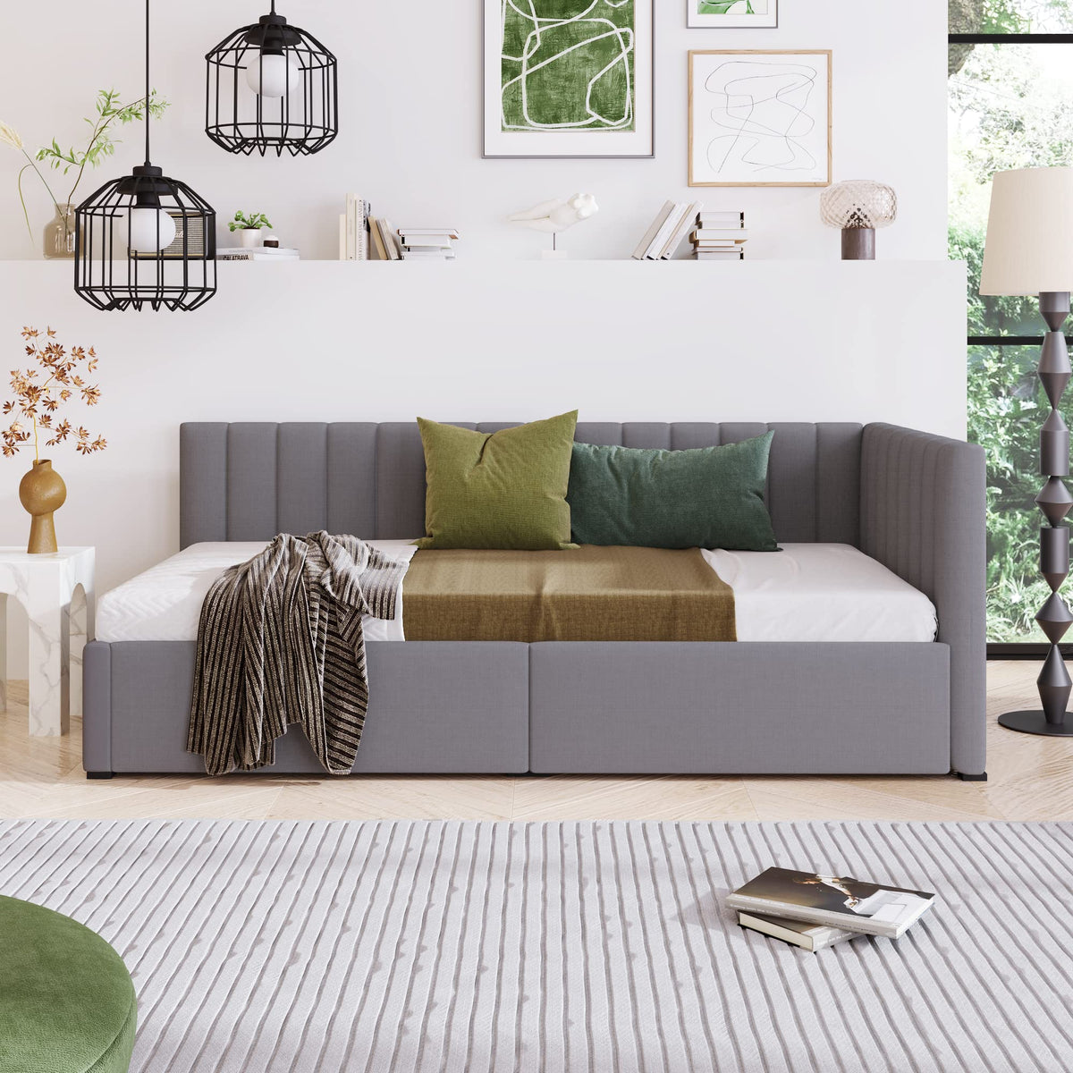 Gray Linen Twin Size Upholstered Daybed with 2 Storage Drawers B9203