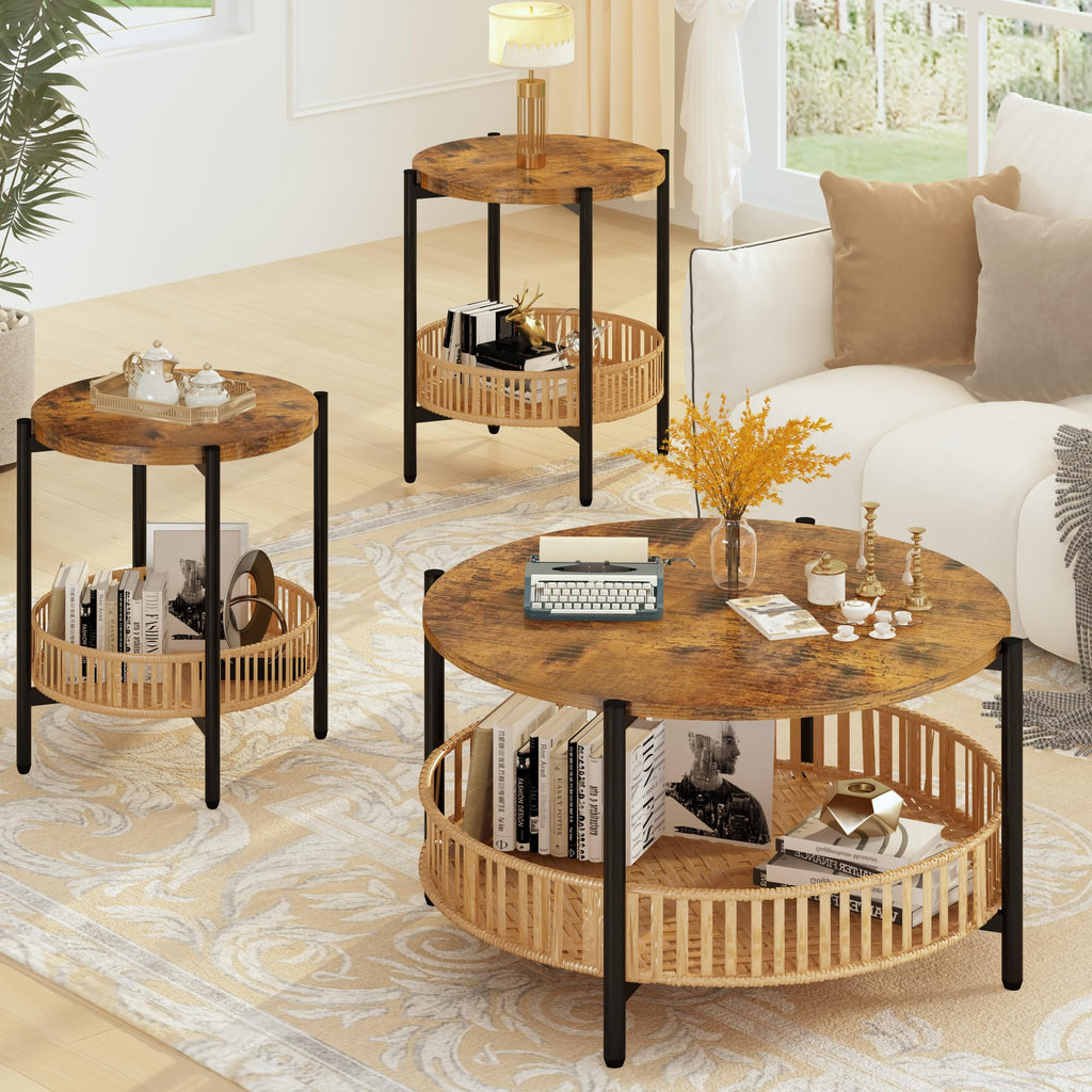 3 Pieces 2 Tier Round Rattan Coffee Table Set with Metal Frame H1105