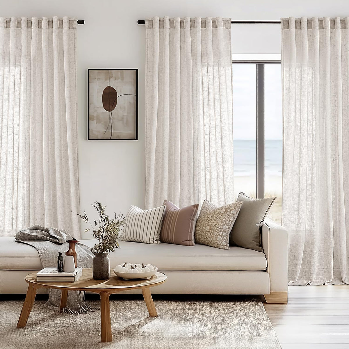 Natural White Semi Sheer Linen Curtains 120 inch 2 Panels X88163