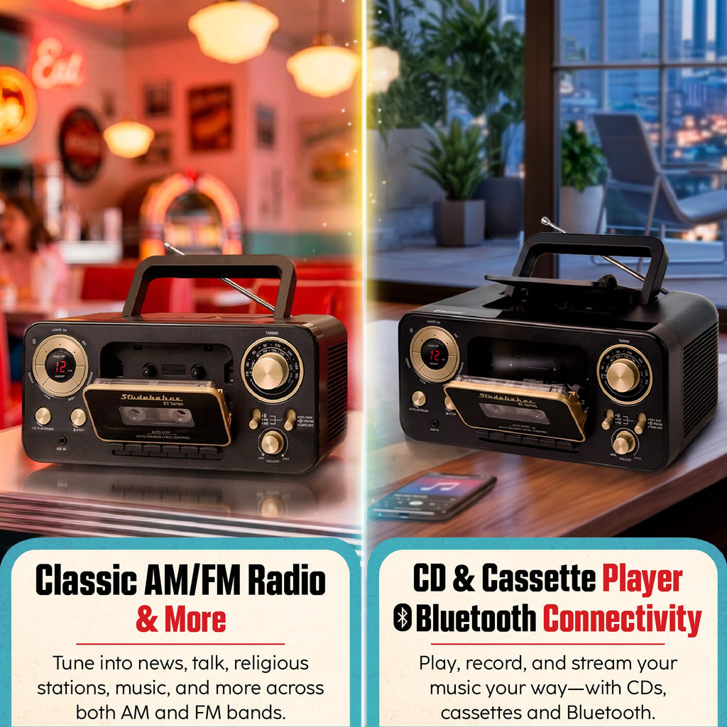 Portable CD Player with Bluetooth, AM/FM Stereo Radio & Cassette Player, Black & Gold U882