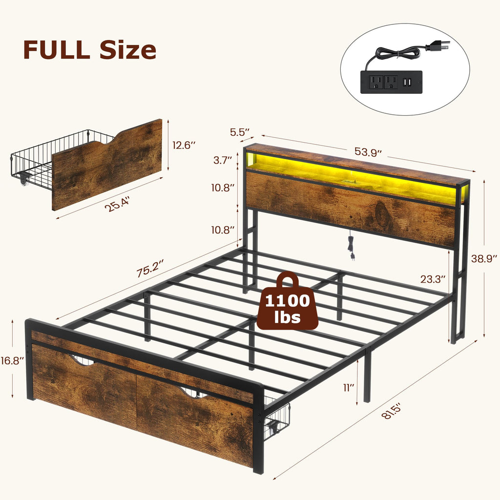 Full Size Metal Platform Bed Frame with 2 Storage Drawers H2785