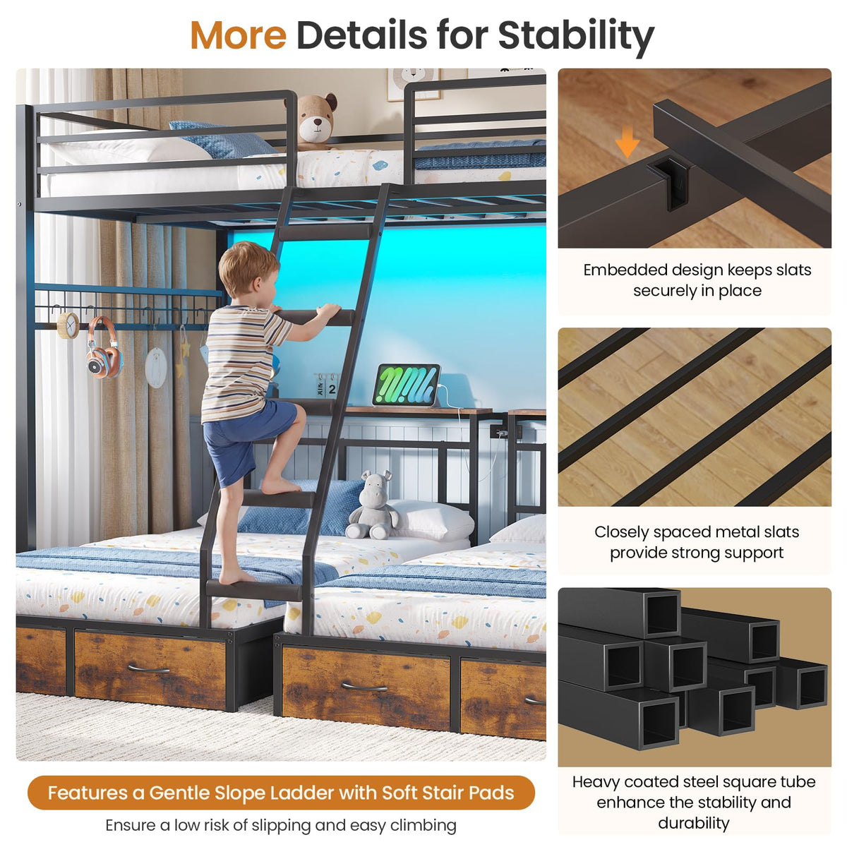 Black Triple Bunk Bed with 8 Storage Drawers and Stair R9465