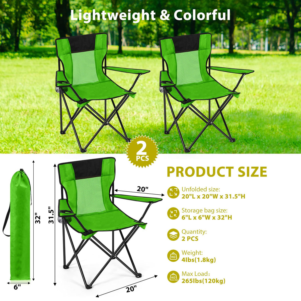 2 PCS Folding Camping Chair with Cupholder and Carry Bag V54026