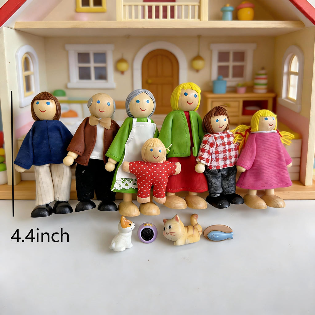 12 Pieces Wooden Dollhouse Family Set with Dog Cat Figures F723
