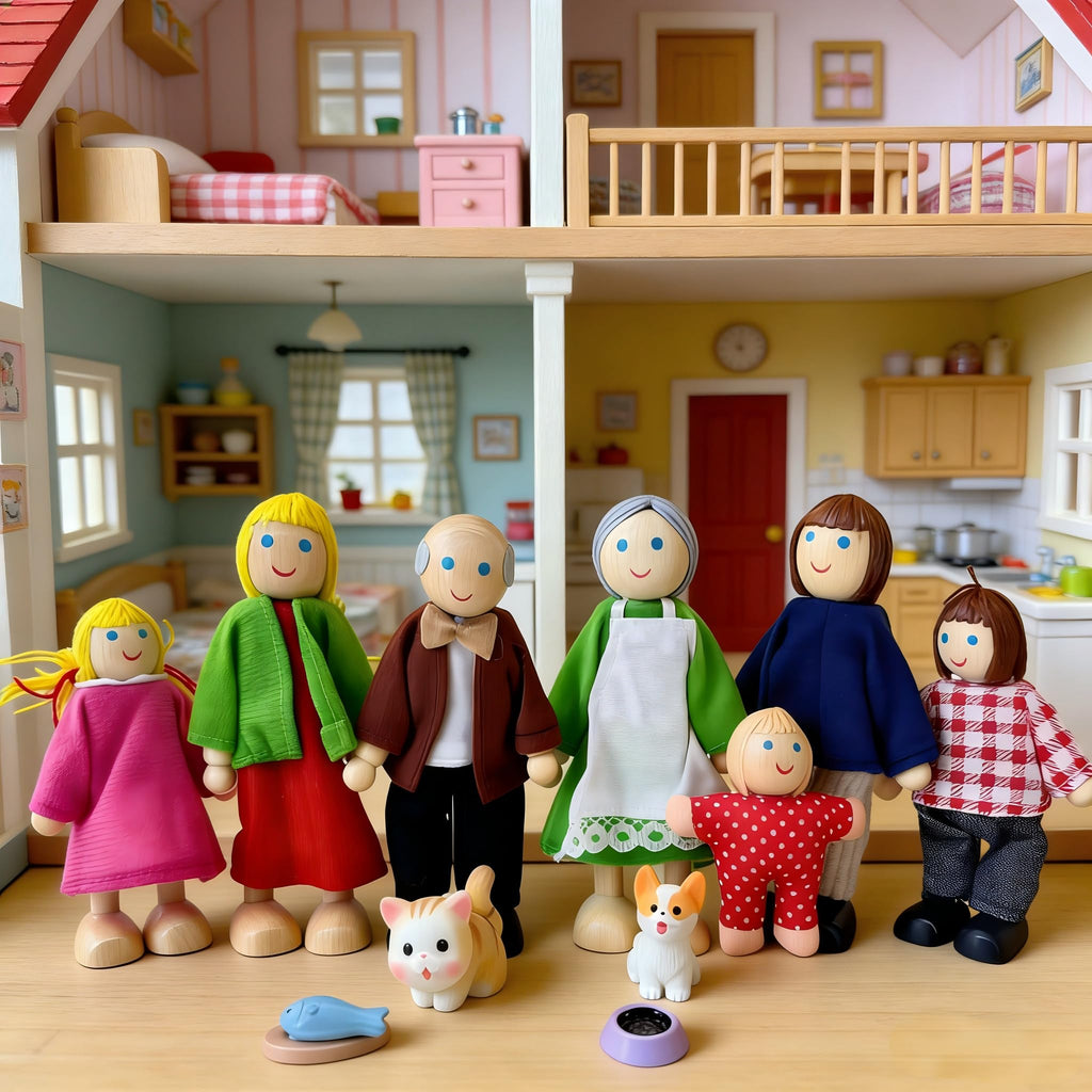 12 Pieces Wooden Dollhouse Family Set with Dog Cat Figures F723