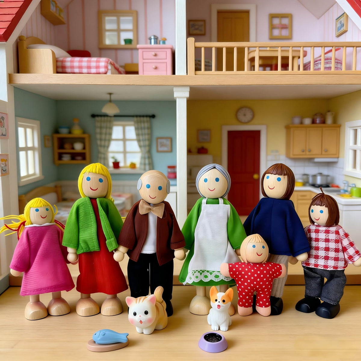 12 Pieces Wooden Dollhouse Family Set with Dog Cat Figures F723