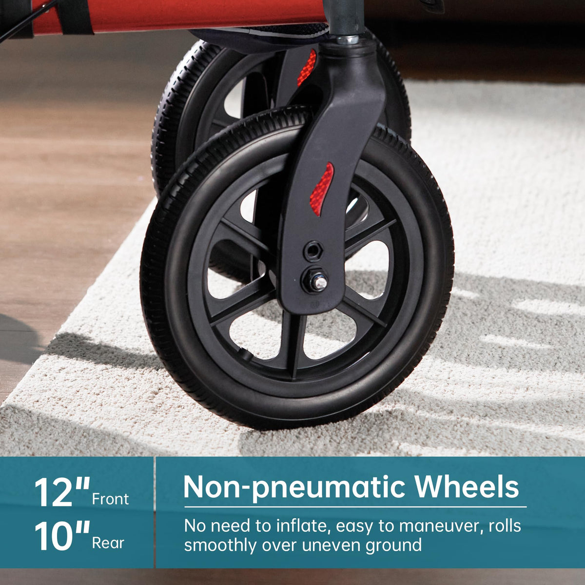 All-Terrain Rollator Walker with Seat, 12” Non-Pneumatic Tire Front Wheels, Compact Folding, Red C2205
