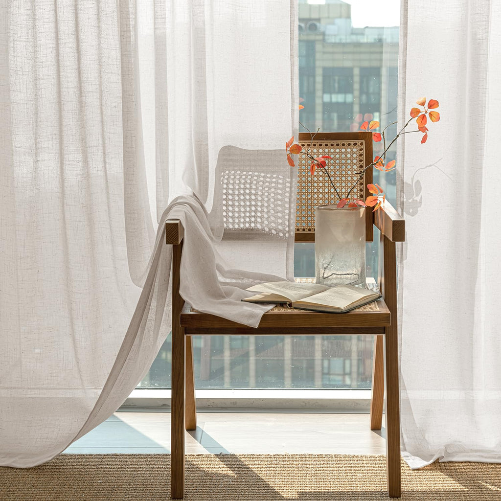 Natural White Semi Sheer Linen Curtains 120 inch 2 Panels X88163