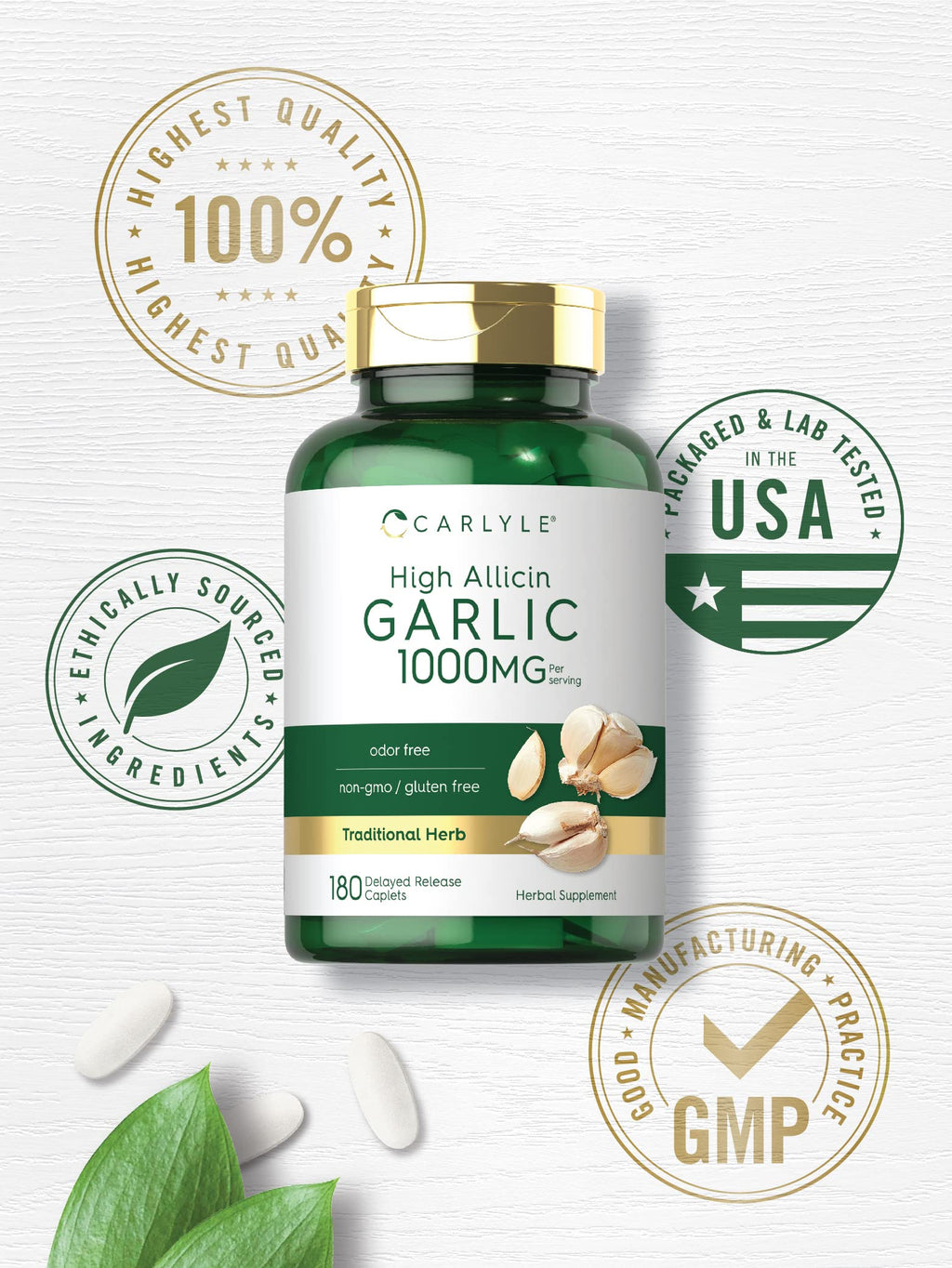 Odorless Garlic Supplement 1000mg 180 Caplets U943186