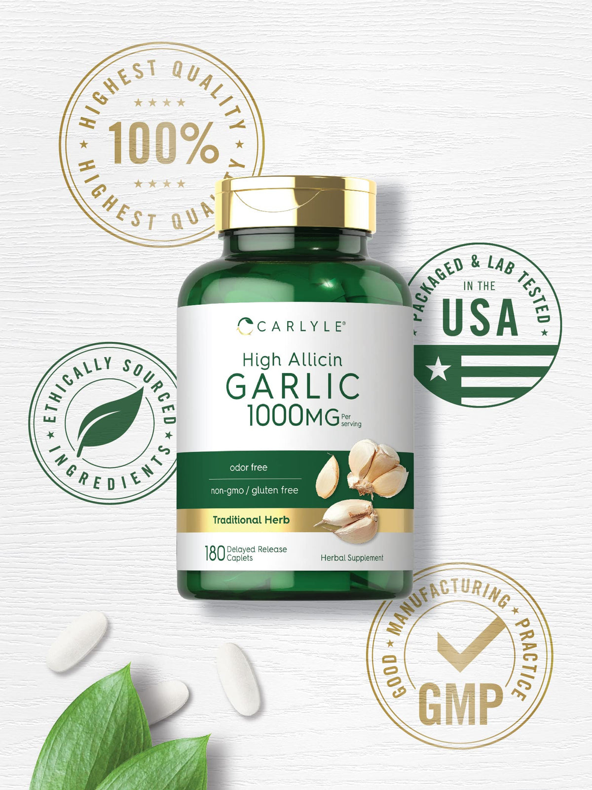 Odorless Garlic Supplement 1000mg 180 Caplets U943186