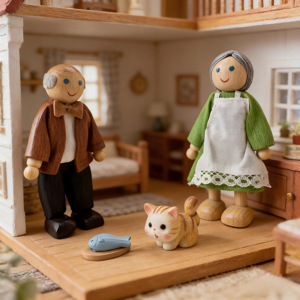 12 Pieces Wooden Dollhouse Family Set with Dog Cat Figures F723