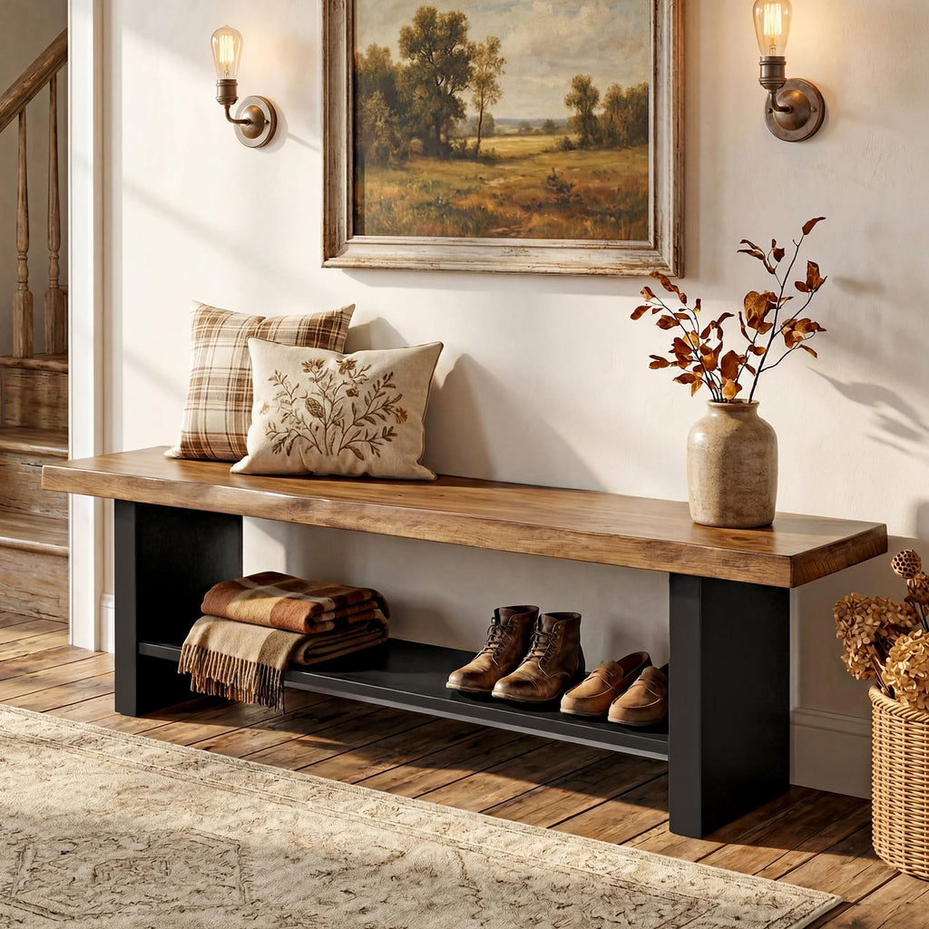 55" Solid Wood 2-Tier Shoe Storage Bench H9426