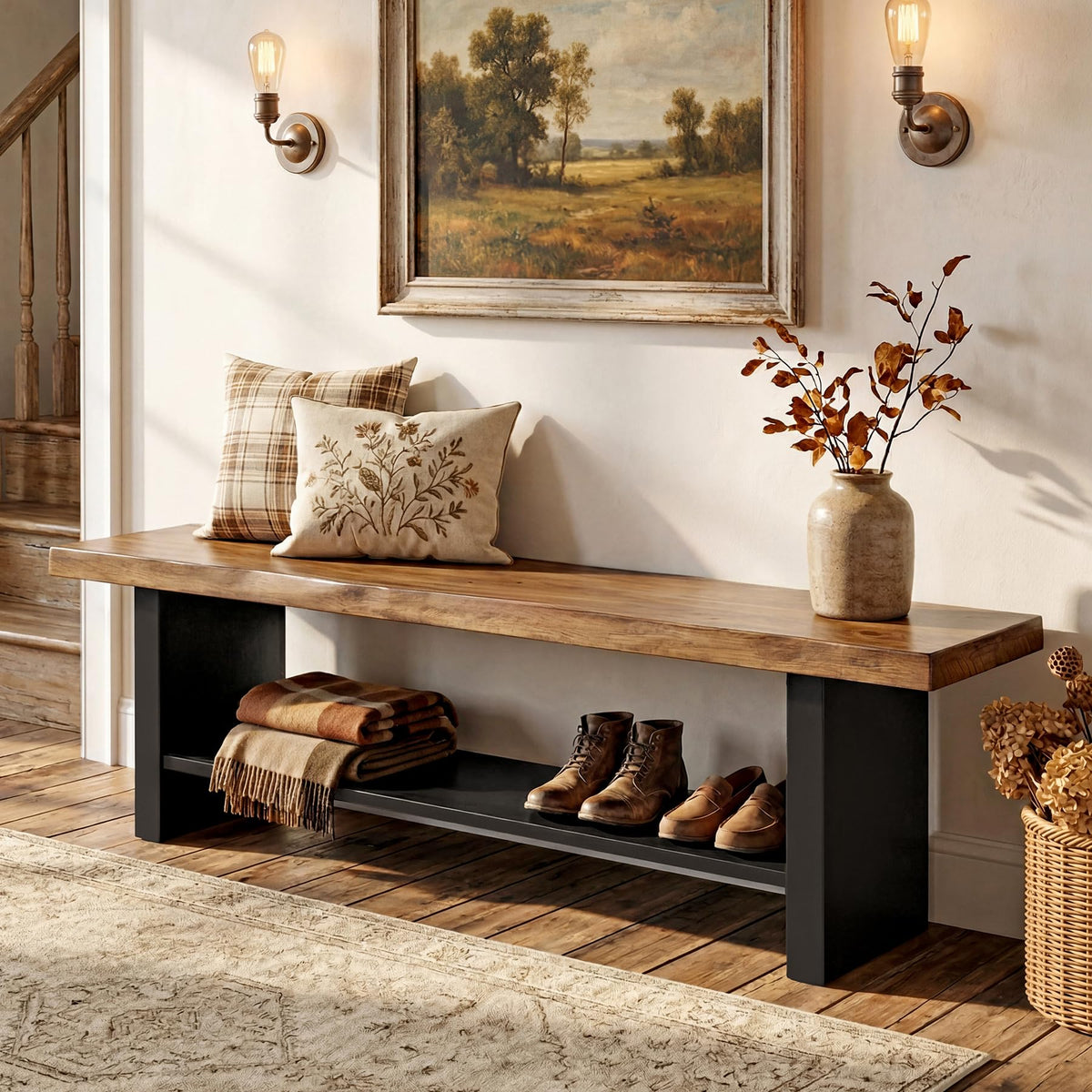 55" Solid Wood 2-Tier Shoe Storage Bench H9426