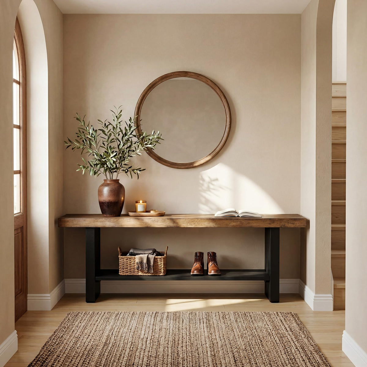 55" Solid Wood 2-Tier Shoe Storage Bench H9426