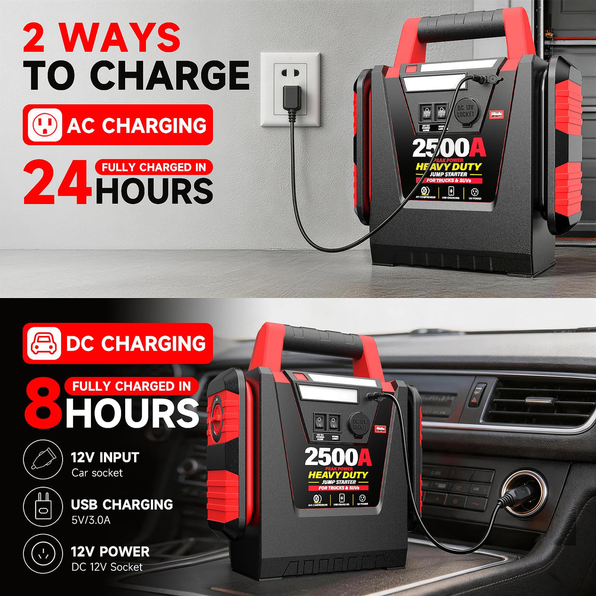 12V Portable Car Jump Starter with Air Compressor and Work Light W817406