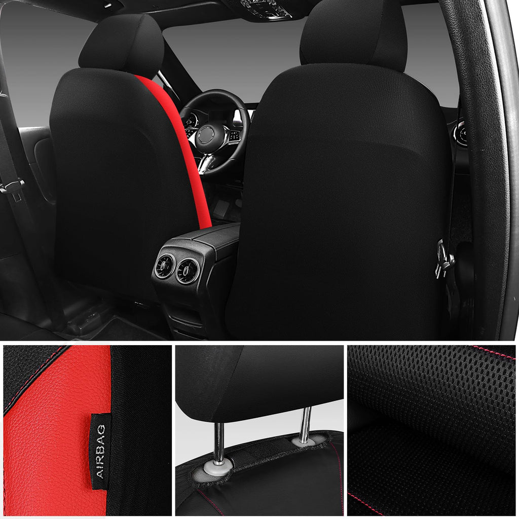 Universal Leather Car Seat Covers Full Set Black Red T6116
