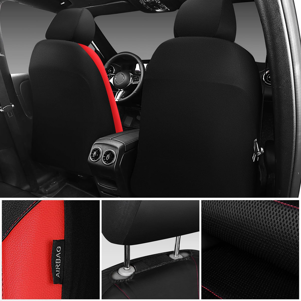 Universal Leather Car Seat Covers Full Set Black Red T6116