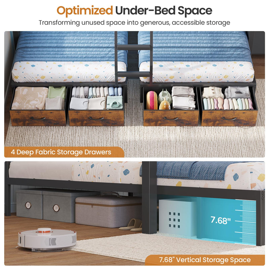 Black Triple Bunk Bed with 8 Storage Drawers and Stair R9465