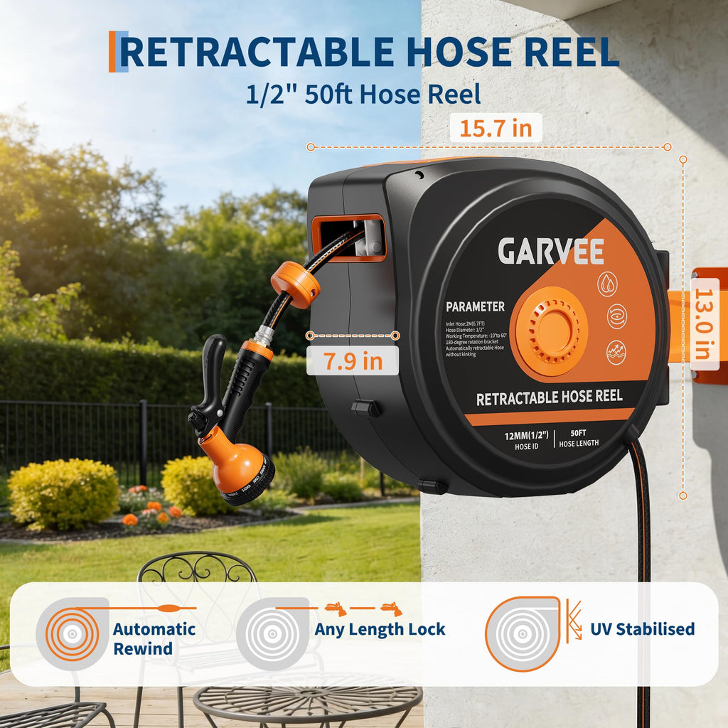 1/2 Inch x 50 ft Wall Mounted Garden Hose Reel with 10 Patterns Nozzle R20997