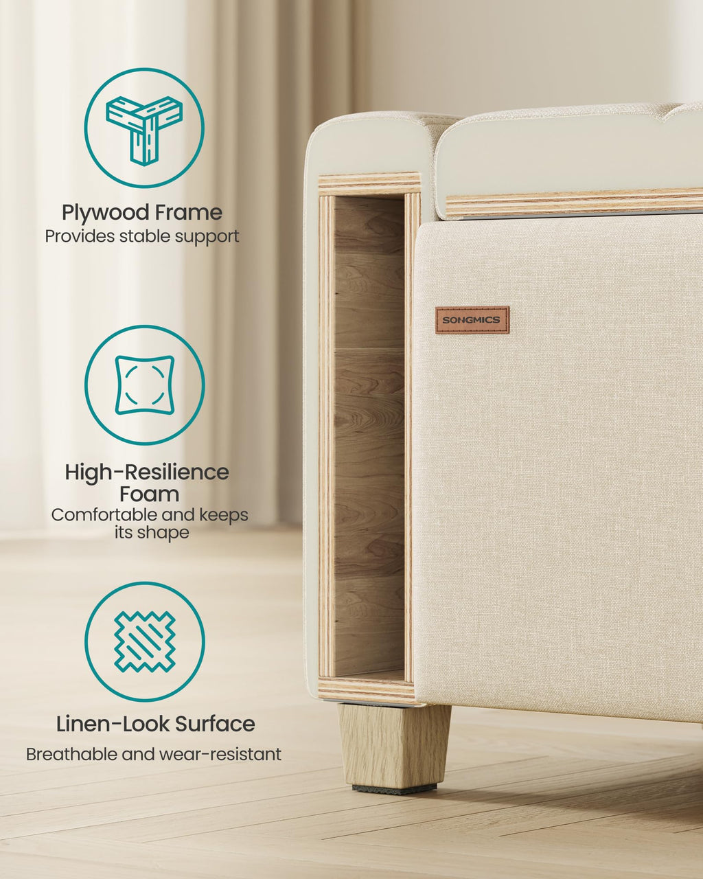 48 Inches Storage Ottoman with Solid Wood Legs F392
