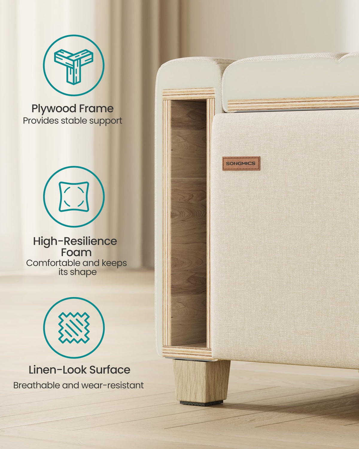 48 Inches Storage Ottoman with Solid Wood Legs F392