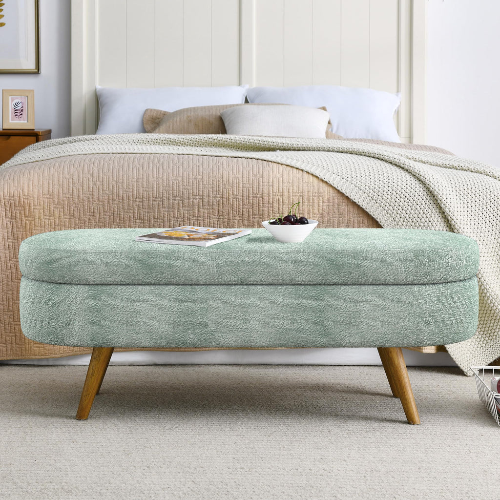 Cream Oval Boucle Storage Ottoman with Wooden Legs U8772