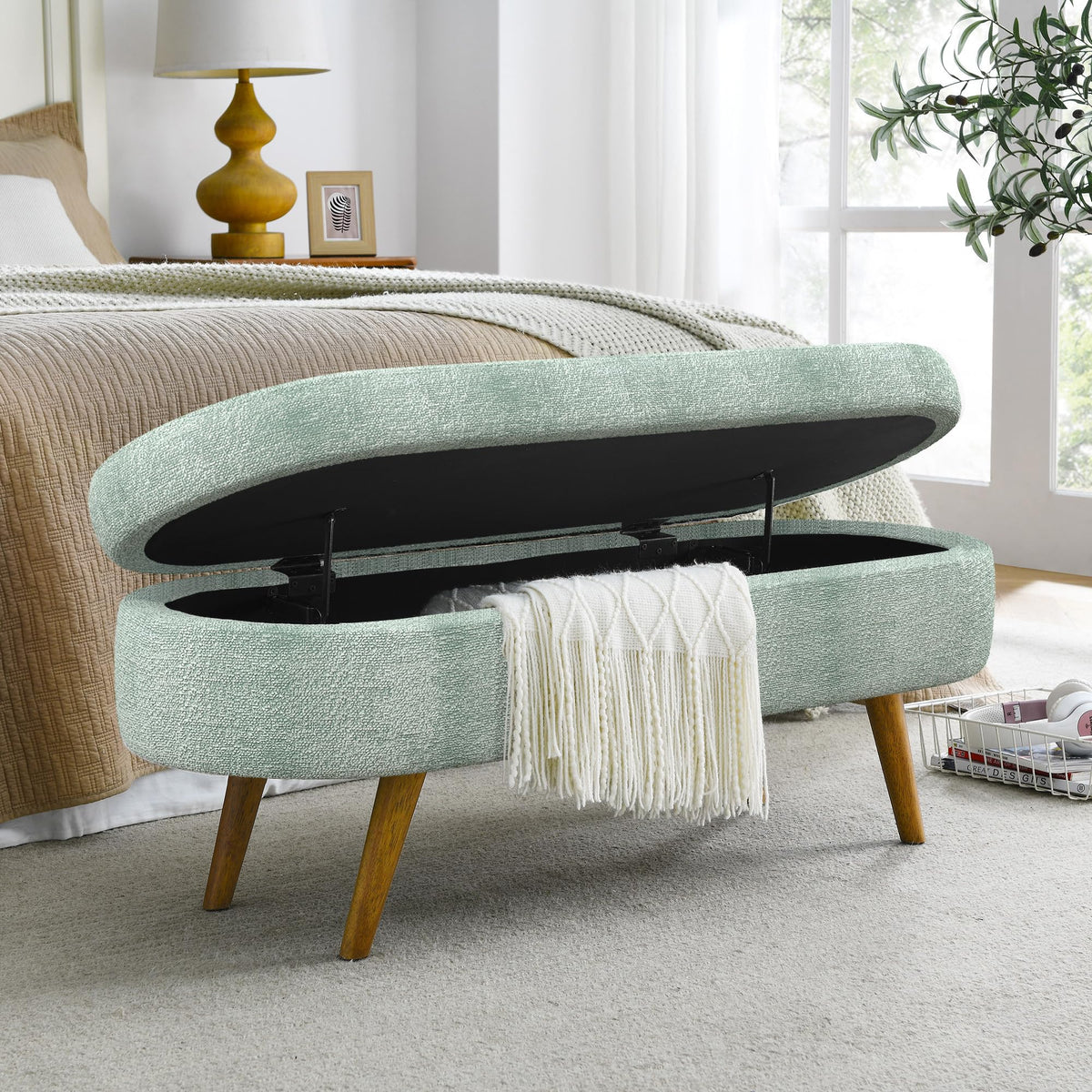 Cream Oval Boucle Storage Ottoman with Wooden Legs U8772