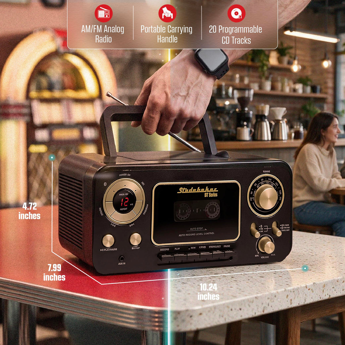 Portable CD Player with Bluetooth, AM/FM Stereo Radio & Cassette Player, Black & Gold U882