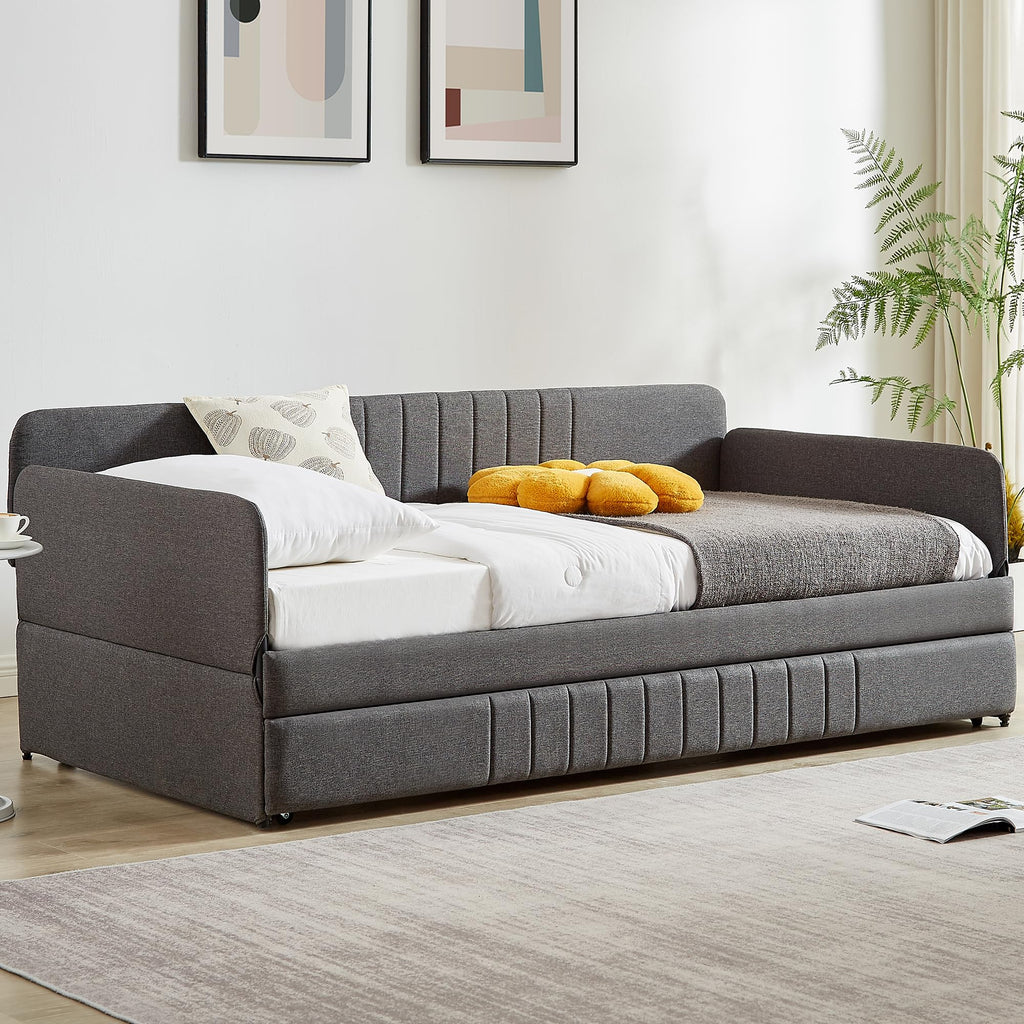 Twin Size Gray Linen Upholstered Daybed with Trundle O8301