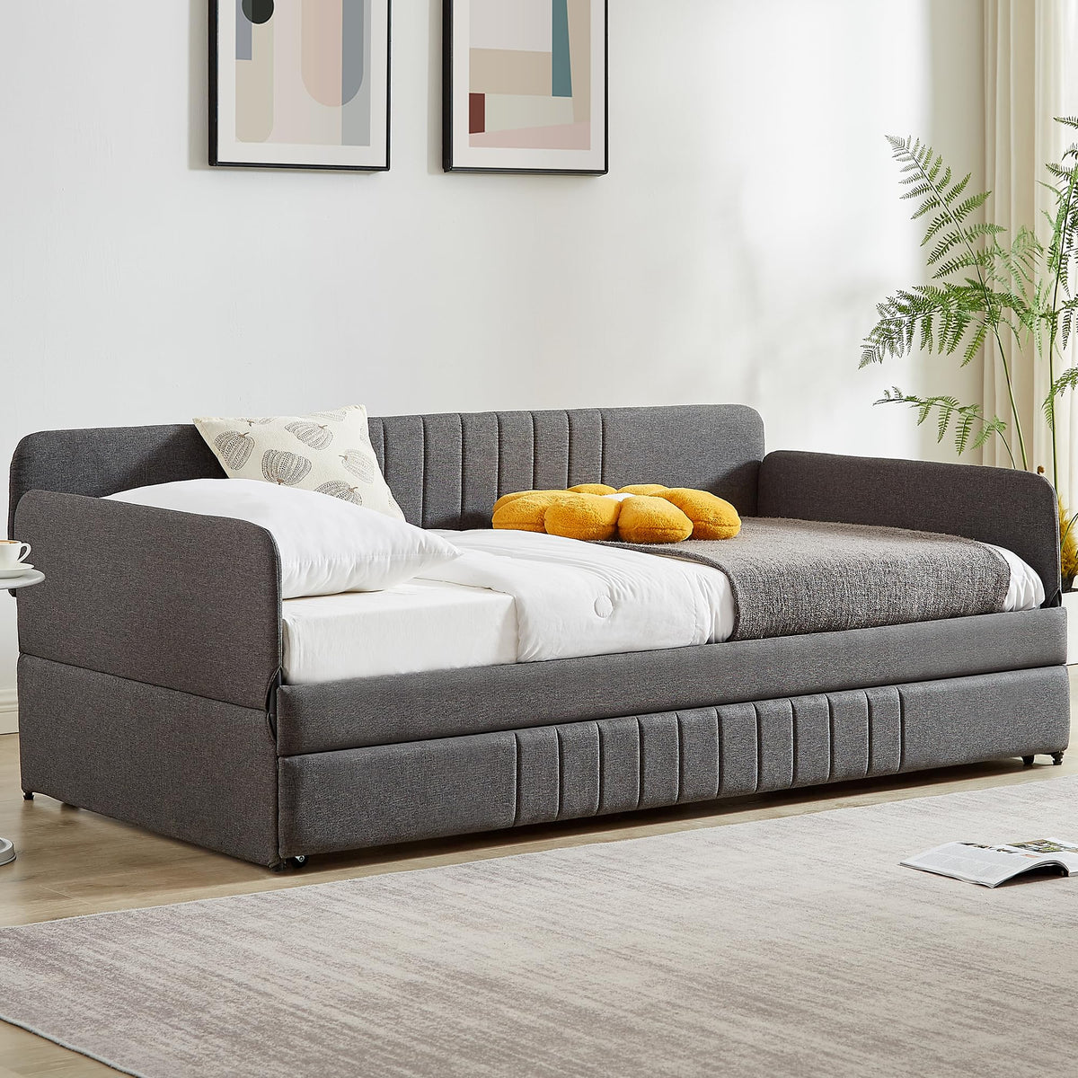 Twin Size Gray Linen Upholstered Daybed with Trundle O8301