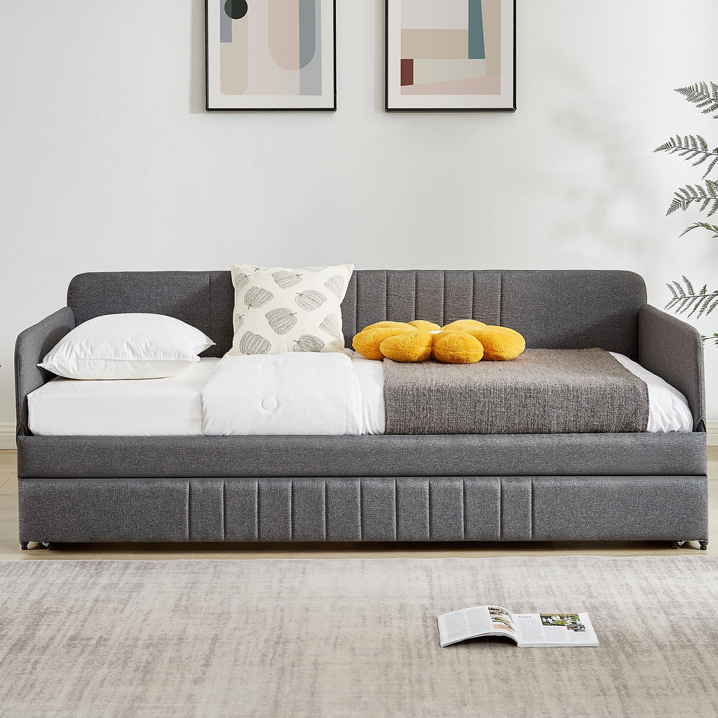 Twin Size Gray Linen Upholstered Daybed with Trundle O8301