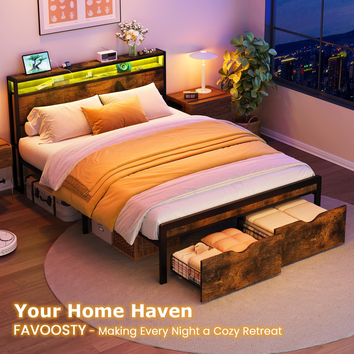 Full Size Metal Platform Bed Frame with 2 Storage Drawers H2785