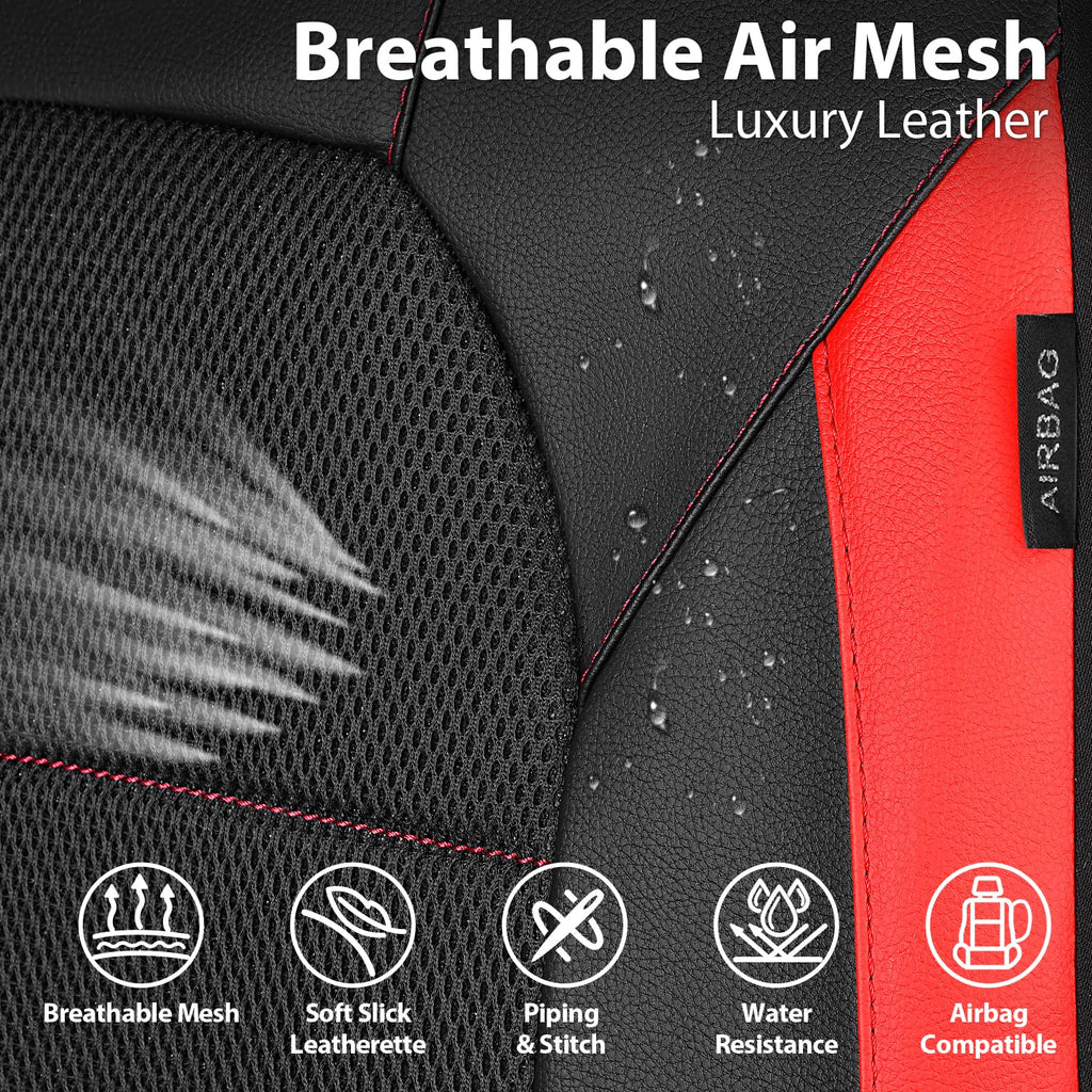 Universal Leather Car Seat Covers Full Set Black Red T6116