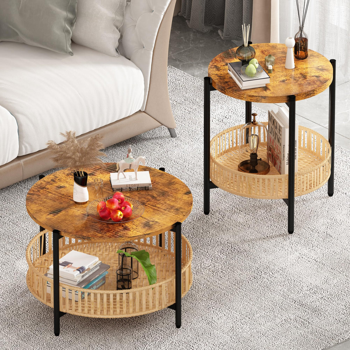 3 Pieces 2 Tier Round Rattan Coffee Table Set with Metal Frame H1105