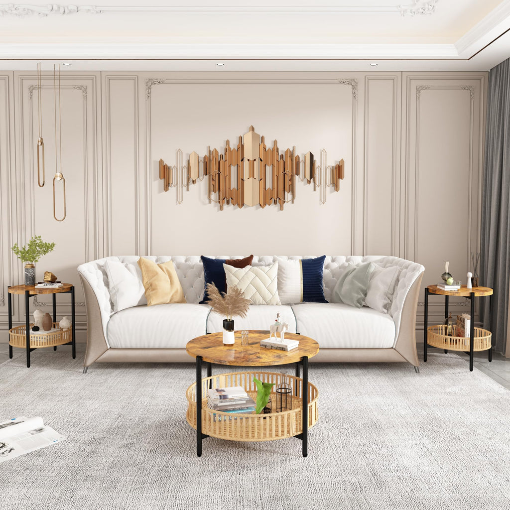 3 Pieces 2 Tier Round Rattan Coffee Table Set with Metal Frame H1105