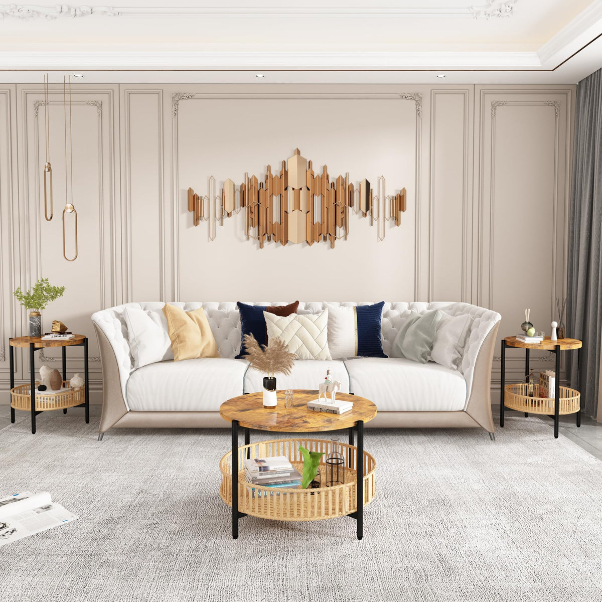 3 Pieces 2 Tier Round Rattan Coffee Table Set with Metal Frame H1105