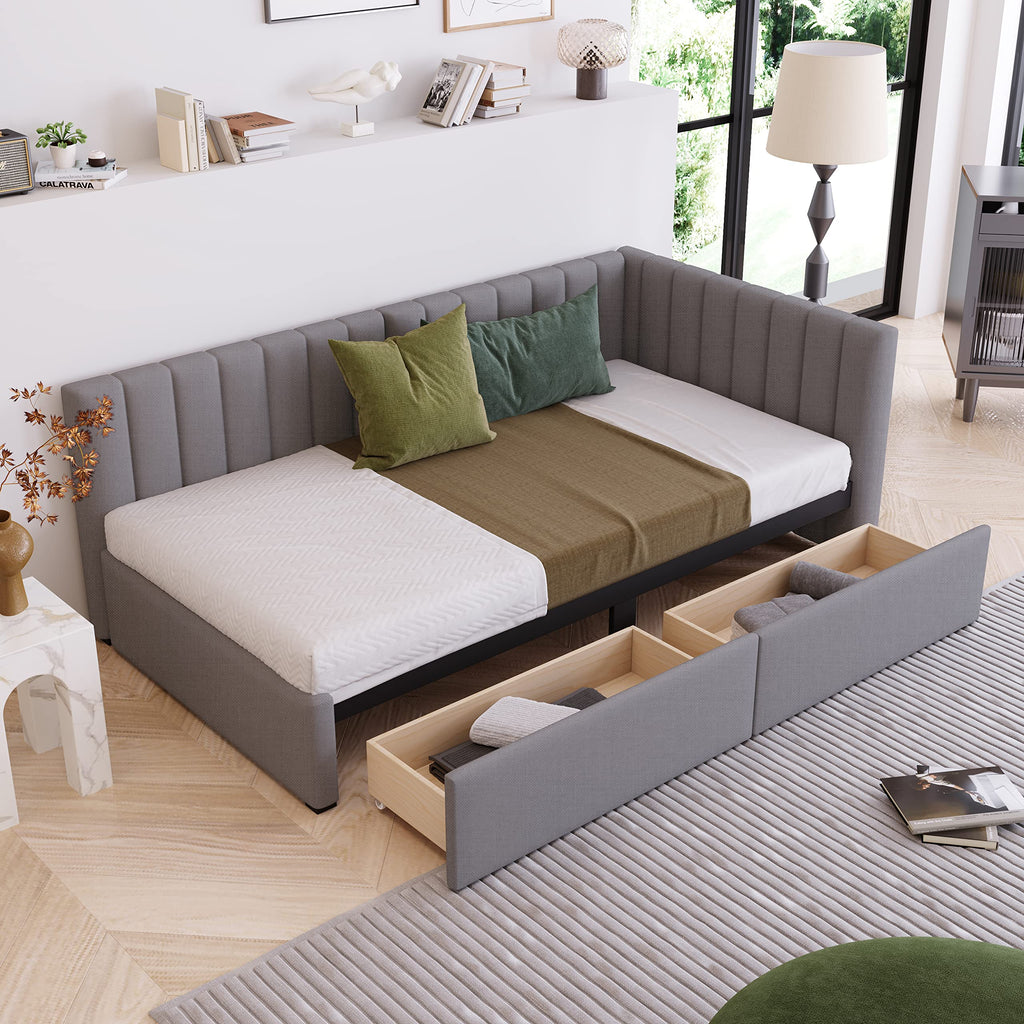 Gray Linen Twin Size Upholstered Daybed with 2 Storage Drawers B9203