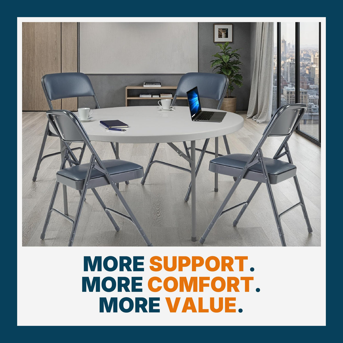 Blue Vinyl Cushioned Folding Chairs with Steel Frame, 4-Pack F77621