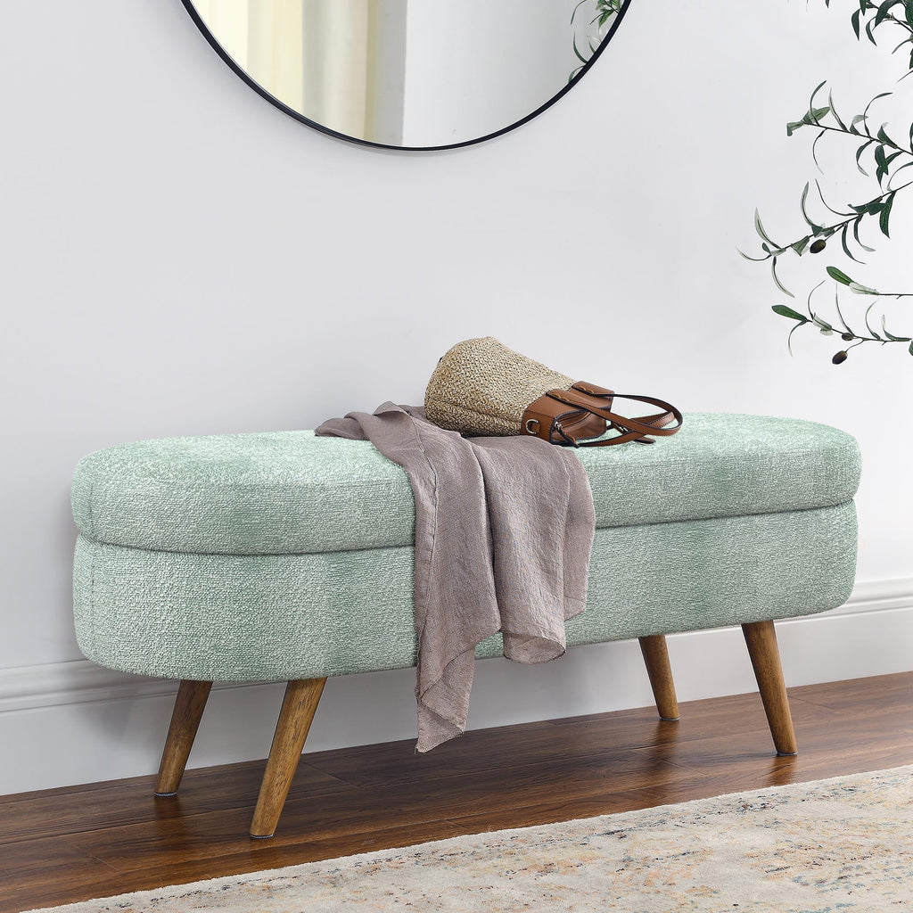 Cream Oval Boucle Storage Ottoman with Wooden Legs U8772
