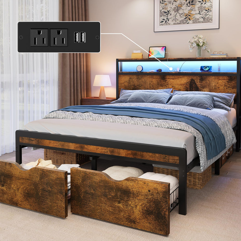 Full Size Metal Platform Bed Frame with 2 Storage Drawers H2785