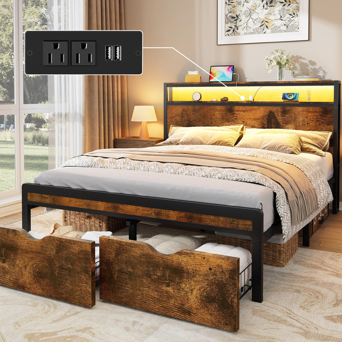 Full Size Metal Platform Bed Frame with 2 Storage Drawers H2785